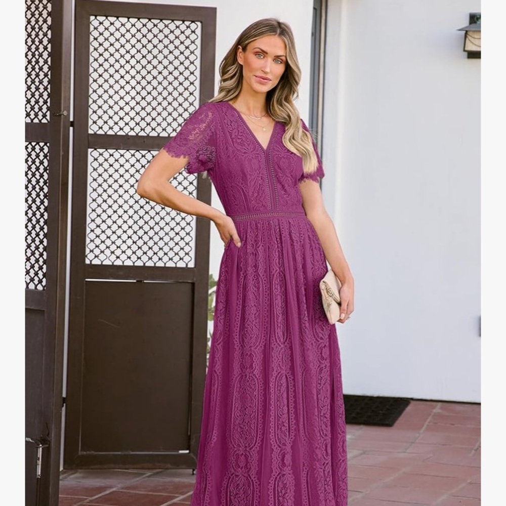Women's Purple Lace Midi Dress - Elegant V-Neck Design - Picture 4 of 8